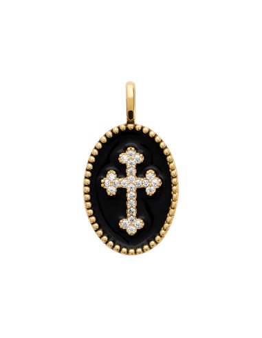 Pendentif plaqué Or fond noir, croix ébène, vue de face.